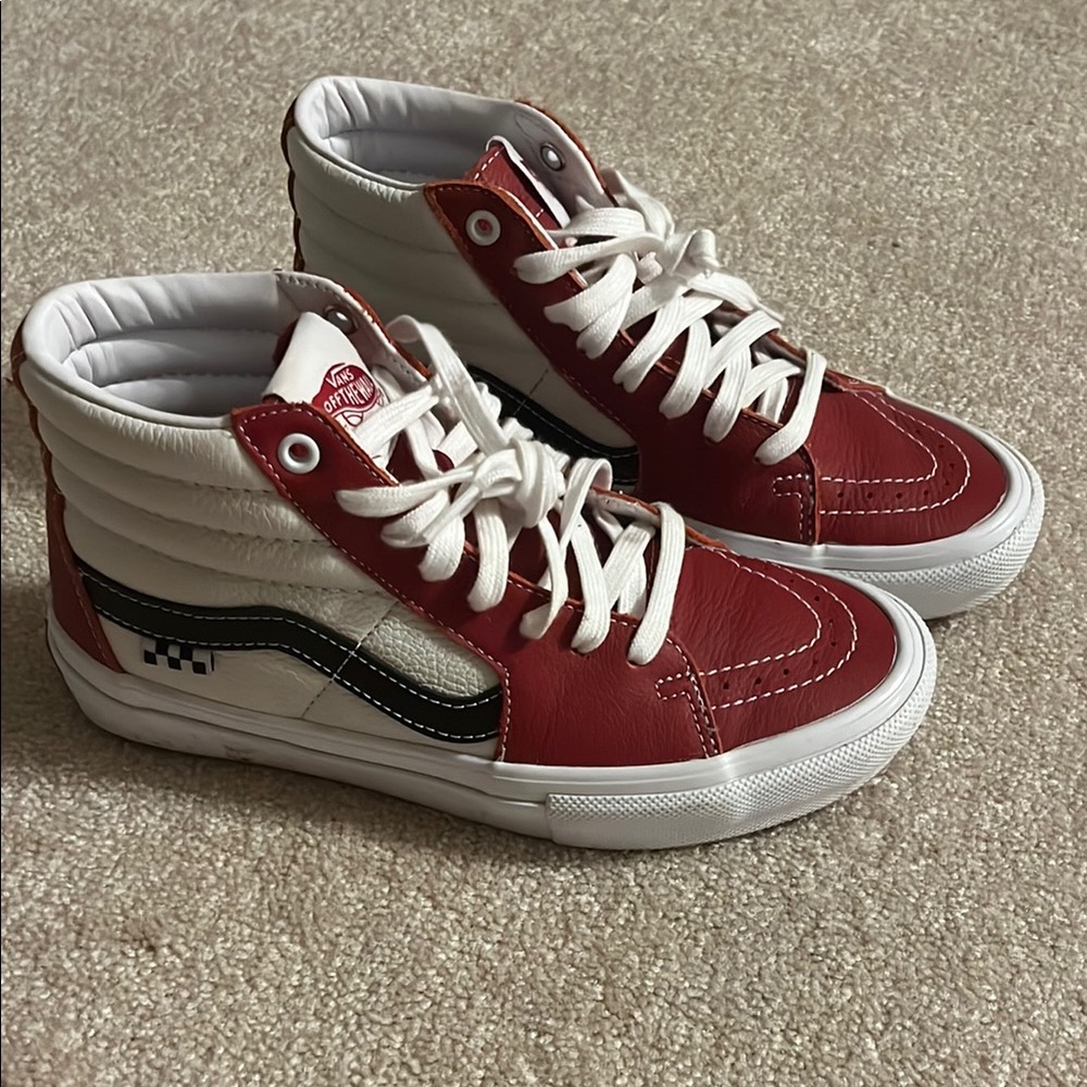 Vans Red and White Leather High-Tops